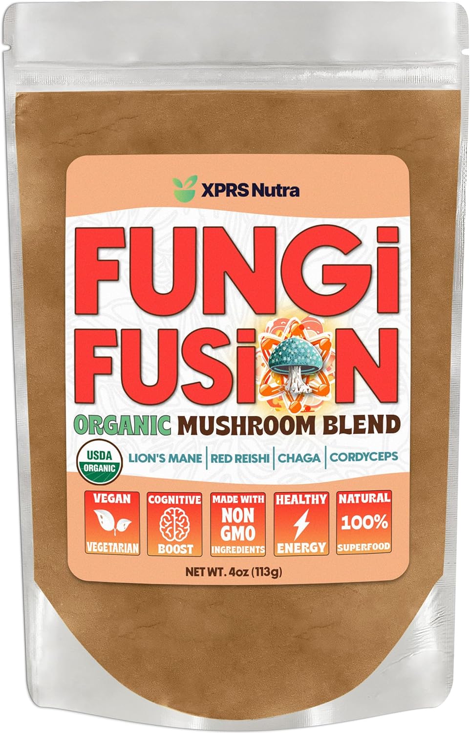 Fungi Fusion Organic Mushroom Powder Blend of Lion's Mane, Reishi, Chaga and Cordyceps