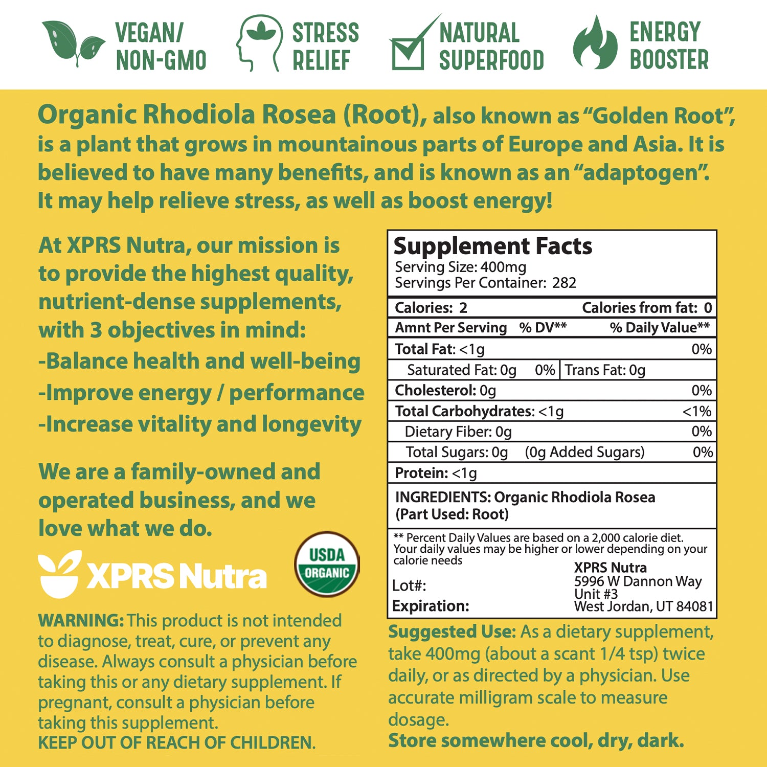 Organic Rhodiola Rosea Powder - Premium USDA Organic Rhodiola Powder for Relaxation - Vegan Friendly Energy Booster - Capsules Express